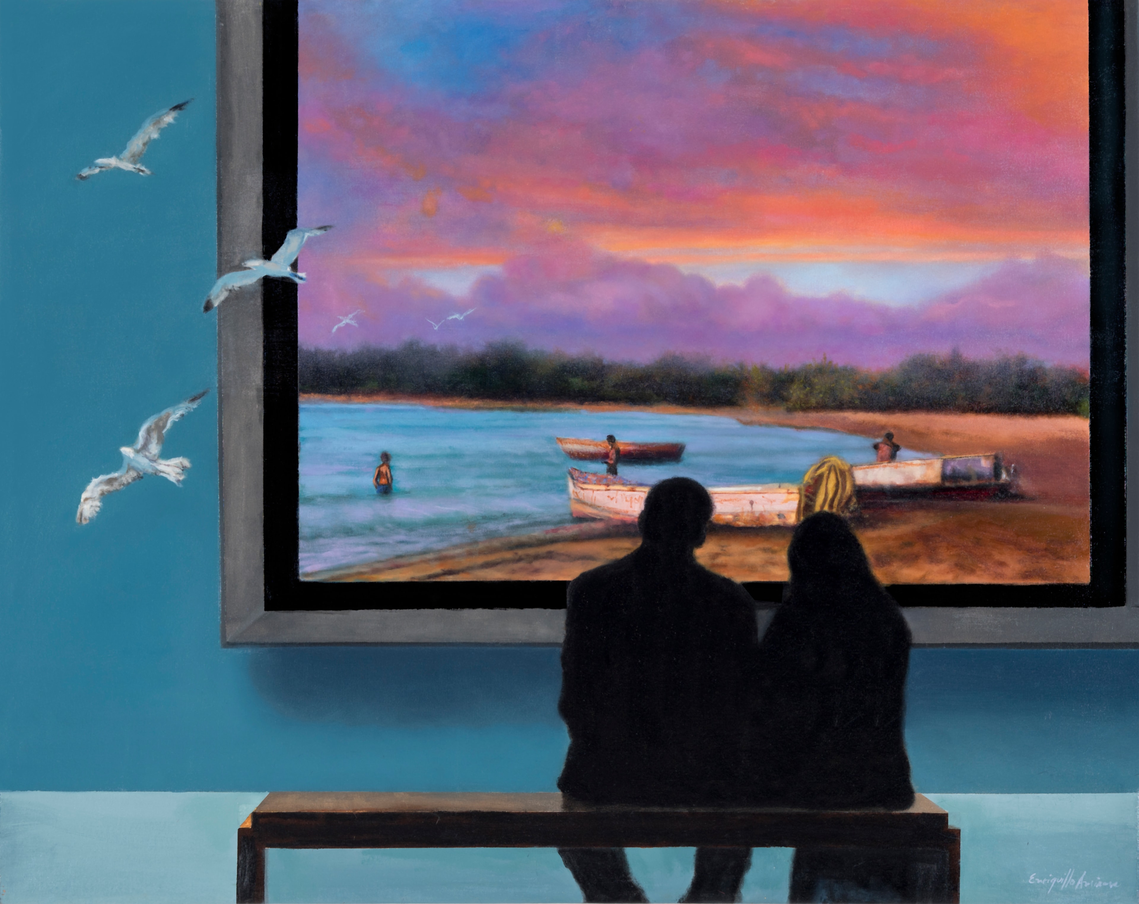 A Love Story — Dominican expressionist painting by Enriquillo Amiama, oil on canvas, couple viewing Caribbean coastal scene with seagulls